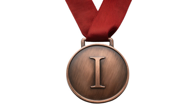 Bronze first place medal with a vibrant red ribbon, symbolizing victory and achievement, isolated on a clean background for design projects