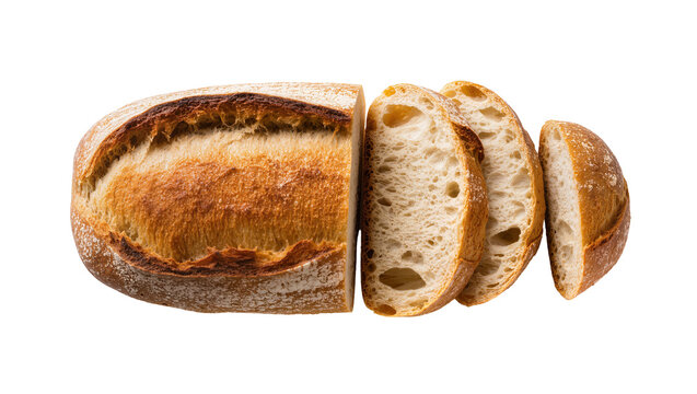 Rustic artisanal sourdough bread, partially sliced with three pieces, showing golden crust and airy texture, isolated PNG on transparent background