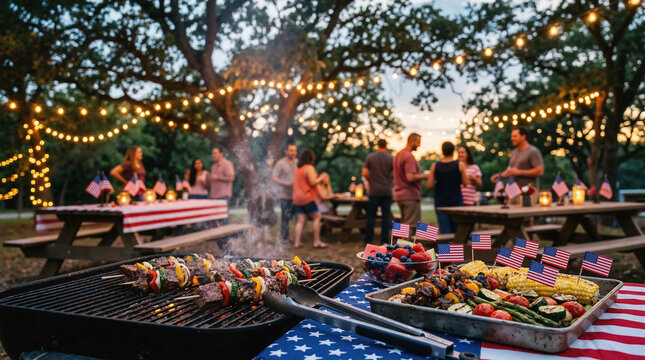 Fourth of July outdoor BBQ party with friends gathering and grilling