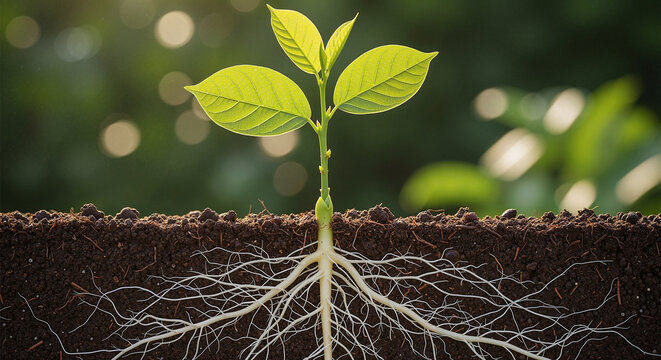 Green seedling with exposed roots growing in soil cross-section.