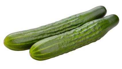 Two fresh green cucumbers, whole and raw, healthy vegetable food ingredient isolated PNG on transparent background, perfect for culinary designs