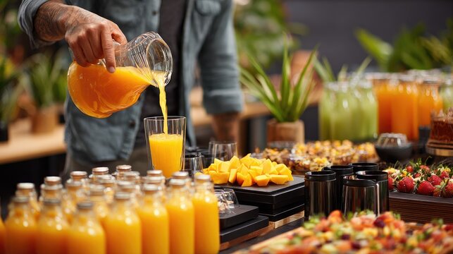 Person pouring fresh orange juice into a glass at a vibrant buffet.