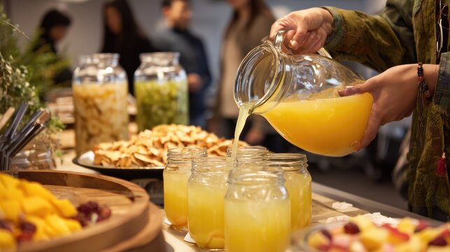Person pouring fresh orange juice into glasses at a vibrant buffet table.