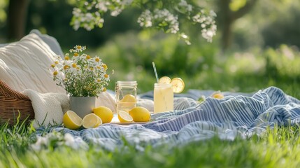 Sunshine in the Park With a Picnic of Lemonade and Flowers on a Blanket on a Summer Afternoon