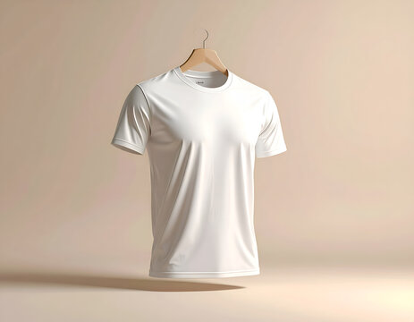 Blank white t-shirt hanging from a wooden hanger, minimalist studio shot