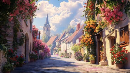 Fototapeta premium Flowers and Buildings Line a Narrow Street in a Small Village During a Sunny Day