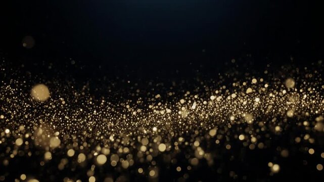 Golden particles sparkle and shine in a dark room with a light source