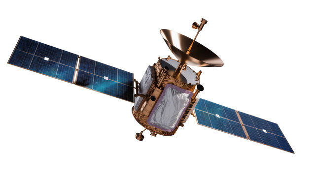 High-tech communication satellite with blue solar panels and golden parabolic dish, isolated on transparent background, for space technology and global data