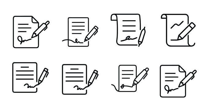 Agreement and signature line icon featuring paper document with pen, contract business legal form writing hand note more vector illustration 