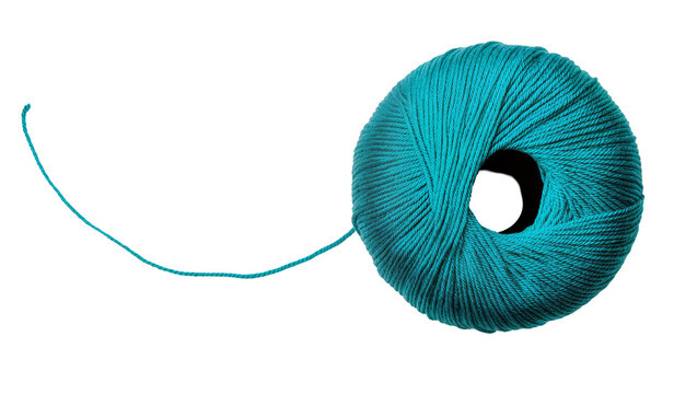 Vibrant turquoise yarn ball with a single unraveling strand, perfectly isolated PNG on a transparent background, ideal for craft projects and textile designs