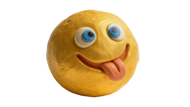 Playful golden clay emoji with blue eyes and a silly tongue sticking out, isolated on transparent background, a cheerful and expressive digital icon
