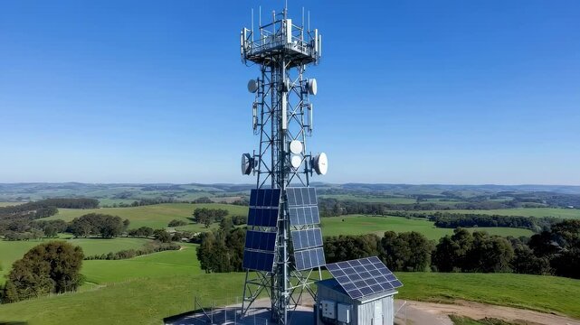 Cellular communication tower with solar panel system providing wireless internet and mobile network connectivity for remote areas