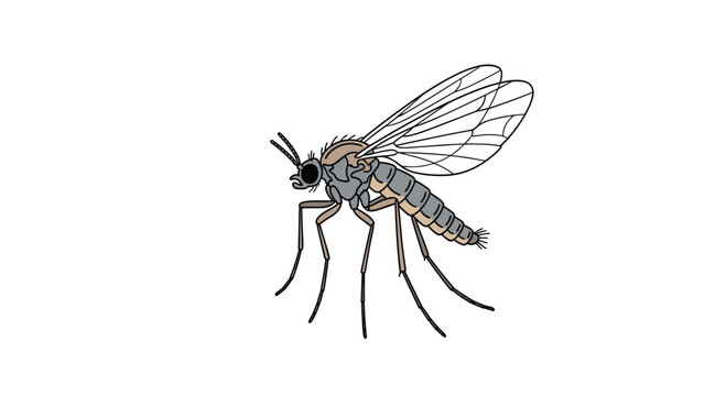 Detailed illustration of a fungus gnat, showcasing its small, slender body and delicate transparent wings, a common house and garden pest.