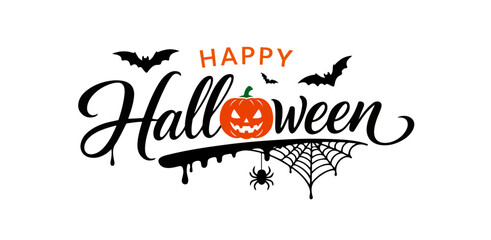 Happy Halloween typography logo with spooky pumpkin, spider web, and flying bats © AFRAN STUDIO