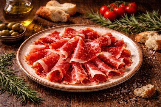 Jam&oacute;n Ib&eacute;rico auf rustikalem Teller als spanische Delikatesse
D&uuml;nn geschnittener Jam&oacute;n Ib&eacute;rico auf hellem Teller, rustikal serviert mit Brot, Oliven und Rosmarin.