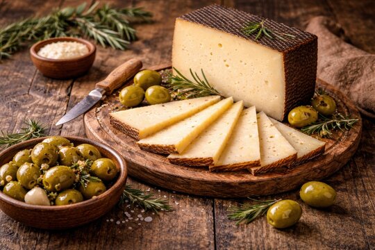 Manchego mit gr&uuml;nen Oliven auf rustikalem Holzbrett als spanische Vorspeise
Spanischer Manchego K&auml;se mit gr&uuml;nen Oliven und Rosmarin auf rustikalem Holzbrett serviert.