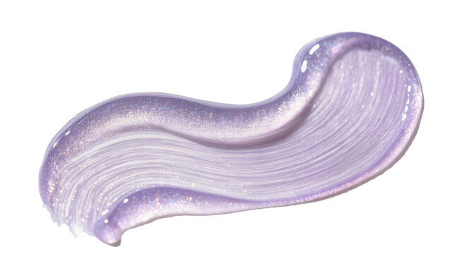 Shimmering lavender cosmetic paint stroke with glitter texture, a beautiful pearlescent purple smudge isolated for beauty product design
