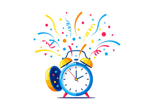Colorful alarm clock with confetti and ribbons exploding in celebration transparent background