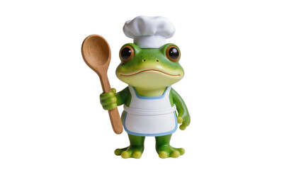 Obraz premium Charming green frog chef figurine, wearing a white hat and apron, holding a wooden spoon, isolated PNG on transparent background, ready for culinary adventures