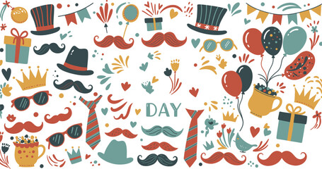 Colorful illustration of various birthday party decorations and accessories on white background