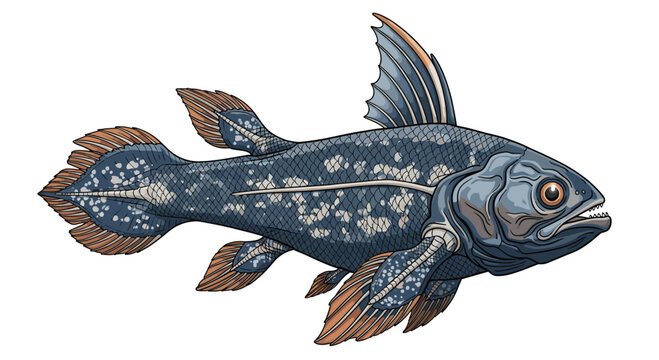 Fascinating coelacanth, a "living fossil," swimming gracefully with its unique lobed fins and distinctive patterned scales, a prehistoric fish.