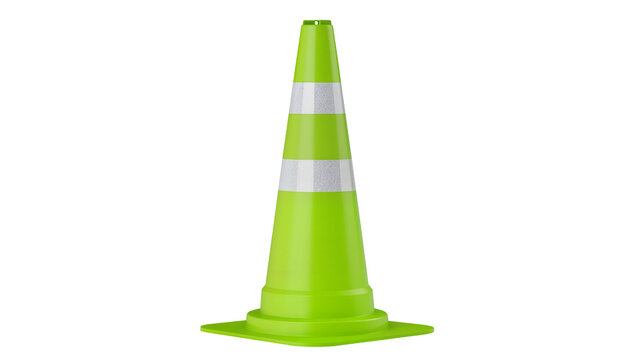 Bright lime green traffic cone with reflective silver stripes, an essential safety barrier isolated, no background, for road work and construction PNG