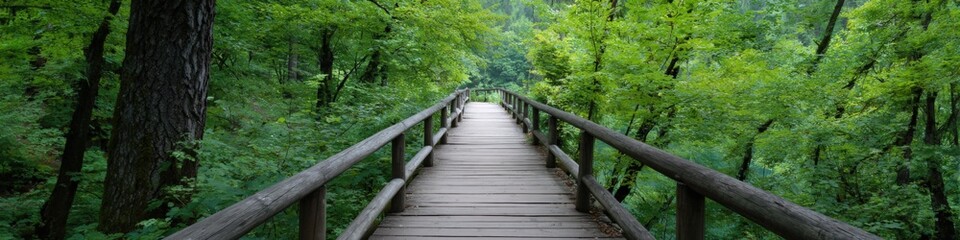 Obraz premium Symmetrical wooden pathway flanked by dense green forest and railings leading to distant sunlit horizon in peaceful setting