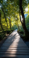 Naklejka premium Sunburst through trees over a wooden boardwalk winding through a lush green forest with pathway and dappled light creating a peaceful scene