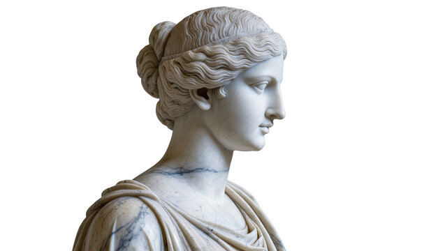 Elegant classical marble bust of a serene ancient Greek goddess or Roman noblewoman, depicted in profile, isolated for historical art and cultural design projects