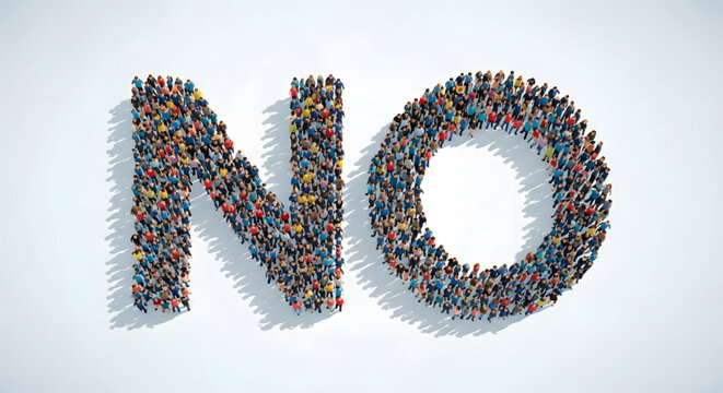 Large crowd forming the word No.