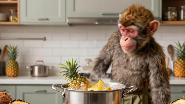Close-up of a determined monkey chef in uniform shouting instructions while stirring a large pot filled with exotic pineapples and coconuts simmering