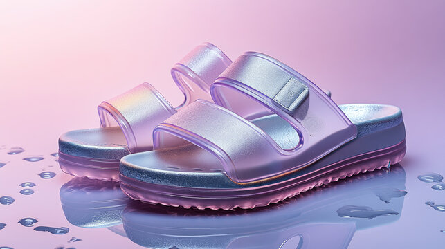 Pair of iridescent jelly sandals reflecting vibrant light on a wet, glossy surface, showcasing summer fashion, poolside comfort, and transparent footwear design