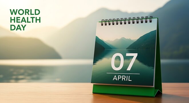 World health day calendar page on april 7th with mountain lake background