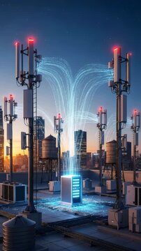 Network of cellular towers on a metropolis rooftop transmitting digital data streams from a server rack showing internet connectivity Vertical video