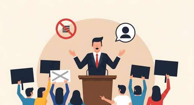 Businessman speaking at a podium with protesters.