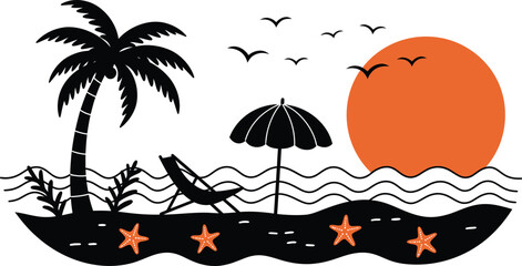 Obraz premium Beach scene with palm tree and sun