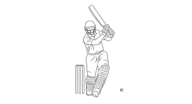 Sketch of a cricket player preparing to hit a ball near the wickets