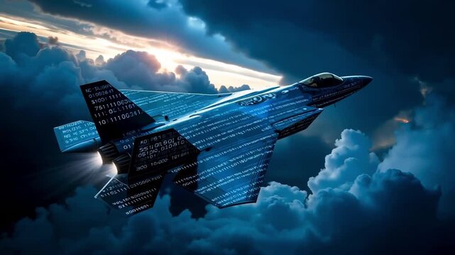 A fighter jet flying through a cloudy sky with binary code on it
