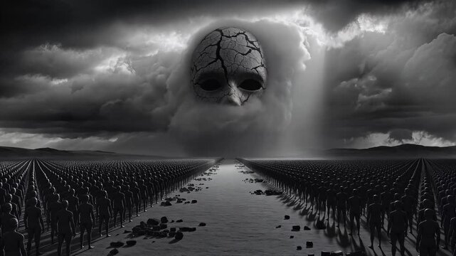 A cracked face looms over a flooded field under a stormy sky with lightning.