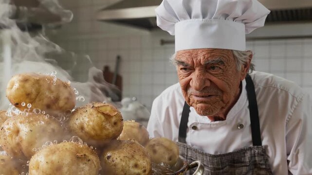 Angry Elderly Chef Yelling at Boiling Giant Potatoes in a Pot with Violent Bubbling Water, Kitchen Cooking Disaster Scene