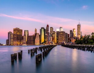 Fototapeta premium Cityscape at dusk reflects on water. Skyline glows with artificial lights against pink and blue sky