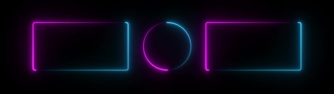 Abstract glowing geometric rectangle and circle frame on black background. neon geometric frame glowing animation. 4k animation video