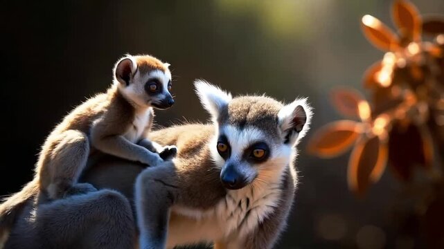 A mother lemur with her baby sitting on her back