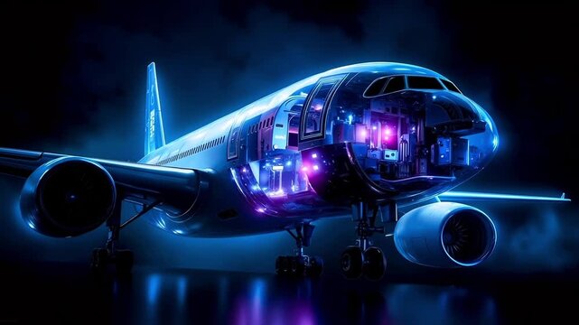 A large passenger jet sitting on top of a runway at night