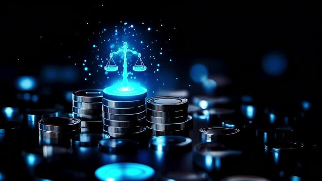 A scale of justice on top of a stack of coins