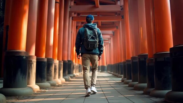 A man walking down a walkway lined with orange pillars