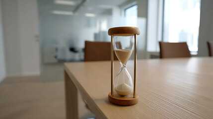 Elegant hourglass timer with kinetic sand on a light wooden conference table in a modern, bright office environment, symbolizing the passage of deadlines and focus on productivity