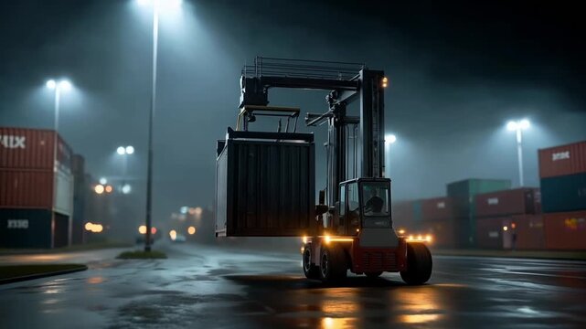 A forklift truck carrying a container in a warehouse at night