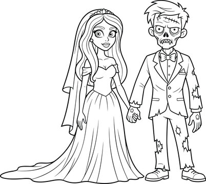 Cartoon bride and zombie groom wedding illustration spooky romantic couple holding hands black and white artwork humorous Halloween design vector clipart for party decorations