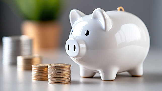 White ceramic piggy bank sitting on a light wooden desk, symbolizing financial growth, prudent spending, budgeting, and long term security in a modern setting